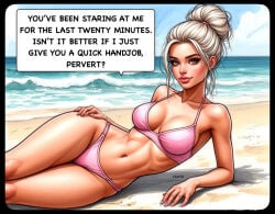ai_generated beach bikini blonde blonde_female blonde_hair bottom_heavy calling_viewer_a_pervert child_bearing_hips cswiz english_text hair_bun insulting_viewer looking_at_viewer lying_on_side offering offering_to_viewer skinny skinny_female speech_bubble tagme talking_to_viewer wide_hips