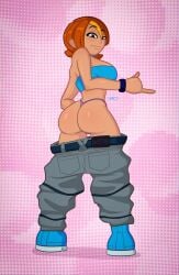 1girls planetronika butterfly_(planetronika) jumpdriiver brown_hair hair short_hair brown_eyes looking_back breasts sideboob topwear bottomwear tubetop armwear bracelet big_ass ass purple_thong thong underwear presenting presenting_hindquarters belt black_pants pants pants_down shoes footwear solo solo_female female female_only pink_background