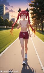 1girls ai_generated breasts building casual casual_nudity city encoder evening exhibitionism female grass jogging_pants naked naked_female nipples nude nude_female outdoors park public public_nudity running_shoes shorts small_breasts sportswear topless trees walking