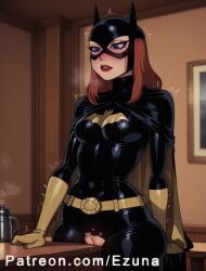 ai_generated batgirl batgirl_(barbara_gordon) batgirl_(the_killing_joke) batman:_the_killing_joke big_ass big_breasts big_butt big_thighs blue_eyes blush bodysuit brown_hair dc dc_comics ezuna huge_ass huge_breasts huge_butt huge_thighs mask table_masturbation torn_bodysuit wanuze wide_hips