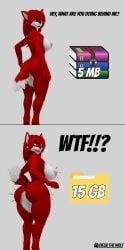 absurd_res anthro big_breasts blender_(artwork) blender_cycles_(artwork) blue_eyes breasts canid canine canis comic dialogue diana_(diegothewolf) diegothewolf digital_media_(artwork) female fur hair hi_res hyenid_(alber) long_ears long_hair long_tail looking_at_viewer looking_back mammal minicomic nipples nude pink_nipples red_body red_eyes red_fur red_hair simple_background solo surprised tail white_body white_fur winrar wolf