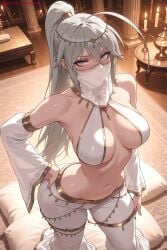 1girl ai_generated arabian_clothes bandeau bangs bare_shoulders belly_dancer belly_dancer_outfit breasts dancer detached_sleeves hair_between_eyes hand_on_hip harem_girl harem_outfit harem_pants hi_res high_quality high_resolution indoors karasuba_(sekirei) kiraamane kneeling lamp large_breasts long_hair looking_at_viewer mask mouth_veil navel pants patreon revealing_clothes seductive see-through sexy sidelocks silver_hair solo stomach uncensored veil watermark white_pants