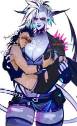 anger_vein big_breasts fully_clothed groping jinxed_blade(artist) jinxed_blade(vtuber) lifting_person pointed_ears purple_skin spiked_collar tail text