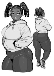 ass big_lips dark-skinned_female dark_skin hoodie huge_ass mole mole_under_mouth monochrome multiple_views original plump sketch synecdoche thick_thighs tight_pants twintails