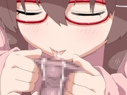 1boy 1girl anime_coloring blush brown_hair censored closed_eyes eri_(mayoineko_o_tomeyou) fellatio foreskin foreskin_pull game_asset glasses grabbing_another's_penis hair_between_eyes hair_ornament hair_over_shoulder hairclip large_variant_set licking licking_penis long_hair long_sleeves low_twintails mayoineko_o_tomeyou mosaic_censoring nighthawk non-web_source official_art oral penis pink_shirt red-framed_eyewear self-datamine shirt sidelocks tongue tongue_out twintails variant_set visual_novel_cg