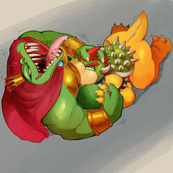 2boys anthro anthro_on_anthro balls bara bowser bracelet claws collar crocodilian crossover daftpatriot domination donkey_kong_(series) duo erection full_body gay hand_on_head jewelry k_rool koopa kremling looking_pleasured male male_only mario_(series) multiple_boys nintendo nude oral penis reptile saliva scalie simple_background spiked_bracelet spiked_collar spikes standing teeth tongue video_games yaoi