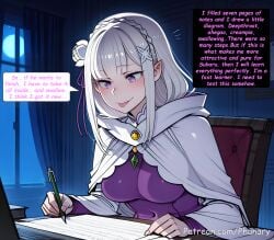 re:zero_kara_hajimeru_isekai_seikatsu emilia_(re:zero) re:zero phanary patreon patreon_username patreon_link absurdres aesthetic ai_generated anime anime_style blurred_background comic comic_page comic_panel comic_strip cover_page dialogue digital_art digital_painting english high_quality highres line_art long_comic manga_style multiple_panels soft_shading speech_bubble 1girls 1girl 1female solo_focus big_breasts huge_breasts large_breasts big_ass large_ass bubble_butt bubble_ass thick curvy curvy_figure curvy_female curvy_body curvy_hips curvy_thighs sexy sexy_pose sexy_body sexy_female beautiful beautiful_girl beautiful_female cute cute_face slut bitch 2026 blush blushing blush_lines blushing_female text text_bubble text_box text_focus english_text english_dialogue solo long_hair breasts smile long_sleeves hair_ornament dress holding ribbon sitting medium_breasts purple_eyes white_hair braid hair_ribbon flower tongue pointy_ears indoors artist_name hood hair_flower tongue_out window night chair moon white_flower x_hair_ornament curtains elf night_sky web_address cloak purple_dress french_braid full_moon :p paper purple_ribbon crown_braid pen pencil holding_pen writing holding_pencil
