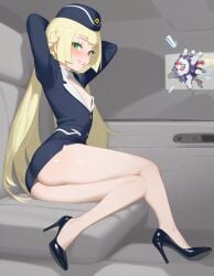 ai_generated beautiful_girl blonde_female green_eyes heavenly_body high_heels indoors lillie_(pokemon) petite_female pokemon pretty_girl sexy slim_female slutty_body slutty_female stewardess_uniform temptation tempting_viewer