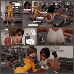 3d artist_upload athletic_female athletic_wear blender blender_cycles comic_page confident_female dark-skinned_female dark_hair fareeha_amari flexing funny grabbing_another's_breast grabbing_breasts gym lena_oxton lewd_legion meme meme_reference overwatch overwatch_2 pharah see-through_clothing showing_off sweaty_breasts tattoo_on_face tracer tracer_(overwatch_2_suit) unamused wet_shirt