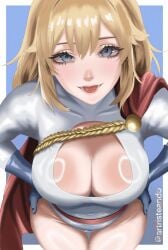 1girls artristeando beautiful_woman bending_over big_breasts blonde_hair blue_eyes blue_gloves boob_window boobs boobs_focus breasts cape cleavage cleavage_cutout dc dc_comics female female_kryptonian female_only gloves grey_eyes hips hips_focus huge_breasts kara_zor-l karen_starr kryptonian large_breasts leotard looking_at_viewer mature_woman medium_hair pin_up power_girl power_girl_cosplay_pose_(missfaves) red_cape smile solo solo_female superman_(series) thick_thighs thighs white_leotard