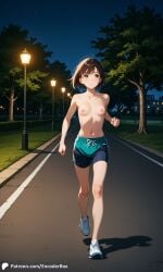 1girls ai_generated breasts building casual casual_nudity city encoder exhibitionism female grass jogging jogging_pants naked naked_female night nipples nude nude_female outdoors park public public_indecency public_nudity running running_shoes shorts small_breasts sportswear street_lamp topless trees