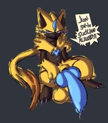 2026 anthro balls big_balls big_penis black_body blue_eyes blue_penis bodily_fluids claws colored_penis commanding_viewer degradation dialogue digital_media_(artwork) dripping felid fluffy fur gemon generation_7_pokemon genital_fluids genitals huge_penis hyper hyper_genitalia legendary_pokemon looking_at_viewer male mammal nintendo penis pokemon pokemon_(species) precum precum_drip presenting saggy_balls shaded sitting solo speech_bubble text toe_claws yellow_body yellow_fur zeraora