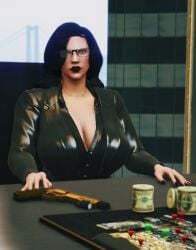 peteypelly los_santos bridge skyscraper unbothered revolver gun_on_table money cash glasses gothic black_lipstick black-haired_female 1girls long-haired_female leather_coat leather_shirt black_fingernails looking_at_viewer indifferent uncaring_female uncaring disinterested uninterested uninterested_female emotionless emotionless_female grand_theft_auto_online grand_theft_auto gta_online_female_character rockstar_editor 3d_(artwork) 3d 3dcg game_cg filter filtered high_quality absurd_resolution absurd_res absurdres high_resolution beautiful_woman mature_woman