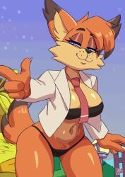 absurd_res 2026 digital_media_(artwork) self_upload tagme deathzera bubsy_(series) bubsy bubsy_4d mammal furry furry_female :3 orange_fur tail looking_at_viewer 1girl solo clothing underwear black_panties strapless_bra rule_63 genderbend genderswap finger_gun half-closed_eyes jacket jacket_open necktie white_jacket bandeau