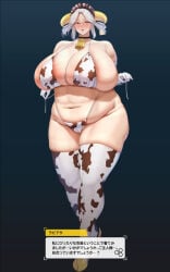 1girls armwear big_breasts bikini bikini_bottom bikini_top breasts eyewear female female_only glasses hair headwear huge_breasts labiata_prototype_(last_origin) large_breasts last_origin mature mature_female mature_woman milf namamo_(kura) orange_eyes plump solo swimwear voluptuous white_hair thick_thighs thighs japanese_text text translation_request text_box veiny_breasts cow_print cow_print_bikini cow_print_thighhighs cow_print_armwear cow_print_legwear cow_print_gloves gloves elbow_gloves thighhighs legwear neckwear cowbell fake_horns fake_animal_ears full_body