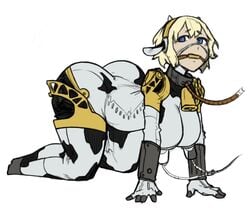 1girls aegis_(persona) aigis_(persona) all_fours android ass bell_collar blue_eyes bondage borvar bovine collar colored cow_girl cow_print cowbell domestication fake_animal_ears female femsub gag harness_gag hucow huge_ass joints large_breasts leash milk milking milking_machine persona persona_(series) persona_3 pet_play petplay platinum_blonde_hair rope shin_megami_tensei short_hair small_horns solo submissive submissive_female transformation white_background