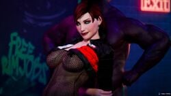 anasulewds femshep mass_effect mass_effect_3 red_hair green_eyes pale-skinned_female makeup eyeshadow eyelashes hoop_earrings earrings lipstick red_lipstick graffiti graffiti_on_wall neon_lights body_stocking fishnets fishnet_clothing jacket cropped_jacket dark-skinned_male pasties large_breasts leaned_back hi_res 4k highres looking_at_viewer prostitution