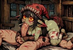 paigen ai_generated original original_character pepper_(paigen) monster_girl horror horror_(theme) 1girls female nipples breasts medium_breasts red_nipples goblin goblin_female green_skin black_hair long_hair ponytail hair_tie hair_tied hat red_hat patchwork_clothes red_eyes yellow_sclera bloodshot_eyes large_ears pointy_ears torn_ears ripped_ear jewelry earrings teeth sharp_teeth short_female blood bleeding cuts scratches wrappings bandages gloves fingerless_gloves stirrup_legwear sharp_nails sharp_toenails red_nails red_toenails redcap pixel_art 1boy male penis cum cumdrip ejaculation 69 69_position fellatio blowjob oral cum_in_mouth saliva saliva_on_penis balls hand_on_balls