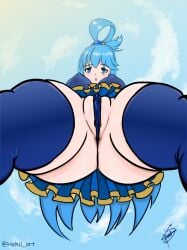 1girl anus_peek aqua_(konosuba) artist_name ass big_ass big_breasts blue_dress blue_eyes blue_hair blush breasts clothing covered_erect_nipples covered_nipples dress female goddess hehil_art kono_subarashii_sekai_ni_shukufuku_wo! large_breasts long_hair looking_at_viewer looking_down open_mouth pubes pussy_peek solo standing sy_peek thick_thighs thighhighs thong tights viewed_from_below vulva