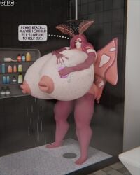 greg_(artist) bella_(greg) moth oc original_character solo furry anthro female tits breasts big_breasts big_tits huge_breasts huge_tits hyper hyper_breasts hyper_tits massive_breasts enormous_breasts breasts_bigger_than_head breasts_bigger_than_torso holding_own_breast huge_nipples big_nipples nipples shower showering antennae_(anatomy) antennae moth_wings soap soap_bubbles wet wet_body wet_hair 3d 3d_(artwork) 3d_render blender blender_(software) blender_cycles