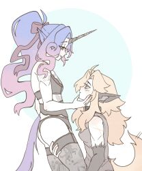 celeste_(deadlock) silver_(deadlock) axeldiamandis yuri deadlock valve purple_hair purple_eyes blonde_hair yellow_eyes unicorn werewolf lingerie tail dog_ears blush blushing smile smirk scar scars tattoo tattoos