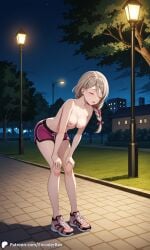 1girls ai_generated breasts casual casual_nudity city encoder exhibitionism female grass jogging_pants big_breasts naked naked_female nipples nude nude_female outdoors park public public_nudity running_shoes shorts sportswear topless trees night street_lamp standing tired leaning_forward hands_on_knees hanging_breasts uzaki_tsuki uzaki-chan_wa_asobitai!