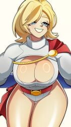 1girls big_breasts blonde_hair blue_eyes boob_window boobs boobs_focus breasts cape cleavage cleavage_cutout dc dc_comics female female_kryptonian female_only hips hips_focus huge_breasts kara_zor-l karen_starr kryptonian large_breasts leotard medium_hair pictomike pin_up power_girl power_girl_cosplay_pose_(missfaves) red_cape smile solo solo_female superman_(series) thick_thighs thighs white_leotard