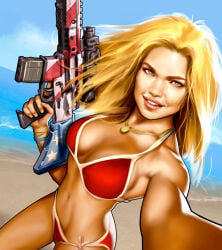 1girls 2020 assault_rifle bare_shoulders beachside blonde-haired_female blonde_hair_female blue_eyes female female_only grand_theft_auto grand_theft_auto_online grand_theft_auto_v gtav_cover_girl holding_assault_rifle holding_gun karsten_schreurs long-haired_female low_res low_resolution lowres mature_female navel necklace pinup red_bikini smiling_at_viewer summer