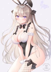 1girl blush breasts bunny_ears bunny_girl bunnysuit detached_collar fishnet_stockings gray_hair hair_ornament hair_ribbon hairband large_breasts long_hair nipples original shiono_(0303) stockings straight_hair tied_hair twintails