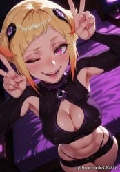 1girl 2026 ;d ai_generated anime armpits bangs bed black_shorts blonde_hair blush boobs breasts capella_emerada_lugunica cleavage cleavage_cutout clothing_cutout collar covered_nipples crossover double_v eye_contact female female_focus flushed hair_accessory hair_ornament highres huge_breasts indoors inside large_breasts long_sleeves looking_at_viewer midriff moaning multicolored_hair navel nsfw on_bed one_eye_closed open_mouth patreon patreon_username pink_eyes re:zero_kara_hajimeru_isekai_seikatsu rognezart short_hair short_shorts shorts smile smiling solo teeth v