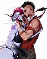 1boys 1girls blood far_cry_4 fighting jinxed_blade(artist) jinxed_blade(vtuber) knife long_tongue muscles purple_skin sadistic_smile spiked_tail vaas_montenegro