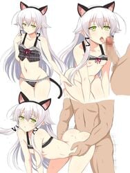 1boy 1girls all_fours altina_orion animal_ears bare_shoulders black_panties bottomless breasts camisole cat_ears cat_tail censored cleavage collarbone dark-skinned_male doggy_style eiyuu_densetsu female green_eyes hair_flaps highres imminent_fellatio imminent_oral interracial licking_penis light-skinned_female long_hair mosaic_censoring motion_lines multiple_views navel nipples open_mouth panties penis sen_no_kiseki sex sidelocks silver_hair simple_background small_breasts sweat tail tongue tongue_out torso_grab underwear white_background yaomai