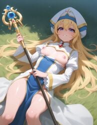 priestess_(goblin_slayer) blonde_female blue_eyes long_hair small_breasts breasts_out pink_nipples small_nipples sexy petite_female slim_female temptation tempting_viewer young_female outdoors beautiful_girl pretty_girl ai_generated