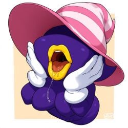 2026 ai_generated self_upload 1girls 1girl mouth_open drooling drool yellow_lips eyeless eyeless_female hat witch_hat pink_stripes shadow white_gloves simple_background tongue inviting purple_body breasts vivian_(paper_mario) mario_(series) paper_mario:_the_thousand-year_door paper_mario nintendo cheek_press solo solo_female solo_focus female_focus female_only female female_anthro open_mouth functionally_nude