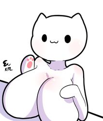 :3 anthro anthrofied big_breasts blush bongo_cat breasts cat cute featureless_breasts feline female huge_breasts mammal meme miiyauwu nude pawpads paws rizkitsuneki signature silly_cats simple_background smile solo table white_background