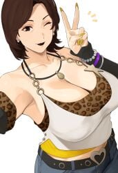 1girls alternate_version_available armwear atlus beautiful_woman belt big_breasts black_lips black_lipstick blue_pants bottomwear bracelet breasts brown_eyes brown_hair cleavage detached_sleeves ear_piercing earrings female female_only hair huge_breasts kayo_tomiyama leopard_print light-skinned_female light_skin lips lipstick mature mature_female mature_woman milf mole mole_under_eye nail_polish nails necklace neckwear nohohon one_eye_closed pants peace_sign persona persona_5 persona_5:_the_phantom_x shirt smile solo solo_female topwear white_background white_shirt wink winking yellow_nail_polish yellow_nails