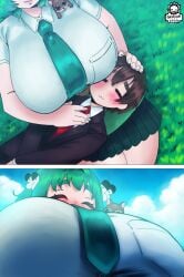 big_breasts boobs female green_hair lying lying_on_back male