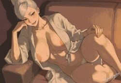 1girls after_shower ai_generated ayase_seiko covered_nipples dandadan female_only female_pubic_hair huge_breasts kizirugai large_areolae looking_at_viewer milf presenting solo tagme thick_thighs wet