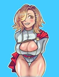 1girls big_breasts blonde_hair blue_background blue_gloves boob_window boobs boobs_focus breasts cape cleavage cleavage_cutout cosplay dc dc_comics earrings female female_only greyzilla hips hips_focus huge_breasts kara_zor-l karen_starr large_breasts leotard medium_hair missfaves orange_eyes pin_up power_girl power_girl_(cosplay) power_girl_cosplay_pose_(missfaves) real_person red_cape smile solo solo_female superman_(series) thighs white_leotard