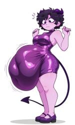 ai_generated big_belly bodycon demon_girl demon_horns demon_tail full_body glitter_dress hands_up jellybean_(mcyt) jellybean_(youtube) looking_down purple_eyelashes purple_eyes purple_hair purple_heels purple_nails purple_skin side_view surprised vore vore_belly youtuber