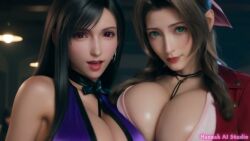 aerith aerith_gainsborough aerith_gainsborough_(cosplay) ai_animation ai_generated ai_video ai_voice_acted animated breasts_jiggling cleavage dialogue final_fantasy final_fantasy_vii gigantic_breasts green_eyes hannah_ai_studio huge_breasts purple_dress red_eyes red_jacket smile speech tagme tifa_lockhart tifa_lockhart_(cosplay) video