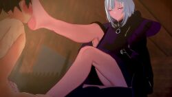 1boy 1girls 3d animated bare_legs barefoot blush clothed_female_nude_male cum cum_on_feet ejaculation feet feet_on_face female foco_fortune_(akiyoshi) footjob hair_ornament highres light-skinned_female light-skinned_male light_skin longer_than_one_minute male_orgasm medium_hair nude one_foot_raised one_knee_up original painted_toenails purple_eyes soles sound steam sue_(foco_fortune) tagme toes video video_games white_hair