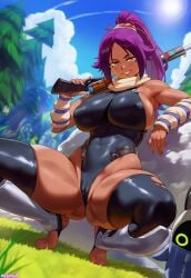 1girl 1girls 2026 2d 2d_(artwork) absurd_res absurd_resolution absurdres ai_assisted areola areolae armor armored bangboo_(zenless_zone_zero) bare_shoulders bare_thighs barefoot bleach bleach:_sennen_kessen-hen bleach:_the_thousand-year_blood_war bleach_brave_souls blurry_background cameltoe clear_sky clothed clothing forest forest_background fortnite fortnite:_battle_royale gun hi_res high_quality high_resolution highres huge_ass huge_breasts human legs leotard long_hair looking_at_viewer meiogun nail nail_polish nails nails_painted naughty naughty_face naughty_smile ponytail purple_hair pussy rock rocks shihouin_yoruichi shotgun skindentation sky smile smiling smug smug_expression smug_face smug_grin smug_smile solo solo_female solo_focus squatting sun sunlight thick_thighs thighhighs thighs tree trees weapon yellow_eyes yoruichi zenless_zone_zero