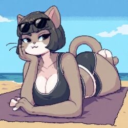 1girl 1girls 2026 ai_generated anthro anthro_focus beach beach_background big_ass big_breasts black_clothing black_hair bowl_cut busty busty_female cleavage clothed clothed_female cloud day daytime ears ears_up feline feline_humanoid female female_only furry furry_female furry_focus furry_only gray_fur gym_clothing gym_shorts gym_uniform lying pixel_art pointy_ears self_upload solo solo_focus sunglasses sunglasses_on_head tail thick_ass thick_thighs towel