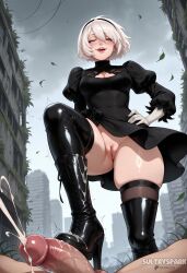 1boy 1girl 2b_(nier:automata) ai_generated artist_name ass_visible_through_thighs black_dress black_footwear black_hairband black_thighhighs blue_eyes boot_fetish bootjob boots breasts building cleavage clothing_cutout cum dress ejaculation feather-trimmed_sleeves femdom footjob from_below futarush gloves grey_sky hair_between_eyes hairband hand_on_own_hip hetero high_heel_boots high_heels leather leather_boots lips long_sleeves looking_at_viewer mole mole_under_mouth nier nier:_automata no_blindfold no_panties open_mouth outdoors patreon patreon_username penis pov projectile_cum puffy_sleeves pussy ruins short_hair skindentation sky skyscraper smile solo_focus stepped_on sultryspark thigh_boots thighhighs thighhighs_under_boots thighs trembling uncensored white_hair yorha_2b