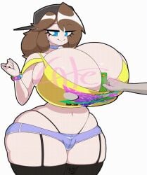1boy 2020s 2026 animated animated_gif big_breasts big_bulge breast_jiggle breasts brown_hair bulge busty_boy busty_male cleavage credit_card gif gigantic_breasts huge_breasts huge_thighs hyper_breasts jiggle jiggling_breasts large_breasts male male_focus male_with_breasts oc original_character peanut_butter_(theycallhimcake) purifierunit37 shoes solo solo_focus swaying tagme tall tank_top theycallhimcake thick_thighs thighhighs thong_above_shorts thong_straps top_heavy white_background wide_hips