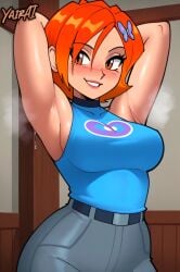 1girls ai_generated armpit_fetish armpits arms_behind_head blush breasts brown_eyes butterfly_(planetronika) female female_only grey_pants hands_behind_head large_breasts looking_at_viewer medium_breasts oiled_body orange_hair pale-skinned_female pale_skin planetronika room sexy_armpits sleeveless_shirt smile steaming_body thick_thighs wide_hips yairai