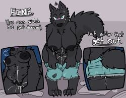 after_sex angry animal_genitalia animal_vulva belly_nipples big_breasts black_body black_fur blush bodily_fluids bottomwear breasts canid canine canine_genitalia canine_vulva canis clothed clothing cum cum_in_vagina cum_inside cum_on_belly cum_on_body cum_on_breasts cum_on_clothing cum_stain dialogue dressing english_text female fur genital_fluids genitals hi_res hotpants looking_at_viewer mammal messy_clothing shorts solo text topless trout_(artist) vulva wolf