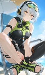ai_generated anby_demara artist_name blue_eyes blush bodysuit exposed_breasts female goggles headphones heterochromia large_breasts legs_spread long_hair looking_at_viewer nipples partially_clothed shineinsfw shiny_skin silver_hair sitting smile solo sweat tactical_clothing wet_skin yellow_eyes zenless_zone_zero
