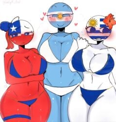 ai_generated 3girls red_body light-blue_skin red_skin countryhumans countryhumans_girl white_skin white_body big_breasts chile_(countryhumans) argentina_(countryhumans) uruguay_(countryhumans) kak0yt0_chel_style kak0yt0_chel_edit kak0yt0_chel among_us ... belly belly_button bikini bikini_top blush boobs breasts cleavage female female_only latina shiny skin steam sweat among_us_reference tagme blue_eyes light-blue_eyes white_background solo huge_ass huge_breasts huge_butt huge_nipples huge_thighs